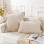Mecatny Corduroy Throw Pillow Covers 22x22 Set of 2, Neutral Decorative Soft Boho Couch Pillow Covers with Broadside for Sofa Living Room, Beige