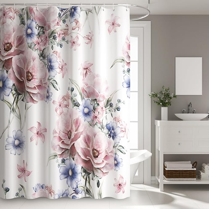 Colorful Floral Shower Curtain Watercolor Flower Modern Design Bathroom Curtain Girls Pretty Plant Decor Shower Curtain with Hooks Waterproof Polyester Fabric 72x78 Inch