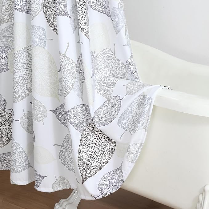 78 Inch Fabric Shower Curtain, Modern Leaf Print Waterproof Long Bath Curtain with White Background & Beige Grey Brown Leaves Design, 72" W x 78" H