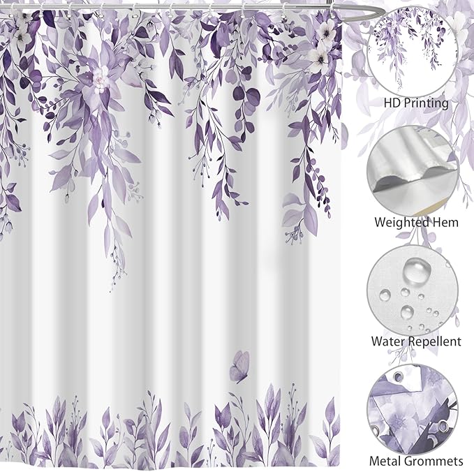 Eucalyptus Shower Curtain, Light Purple Watercolor Leaves with Floral Botanical Bathroom Decor, Waterproof Fabric Bath Curtain Set with Hooks, 72x78 Inches