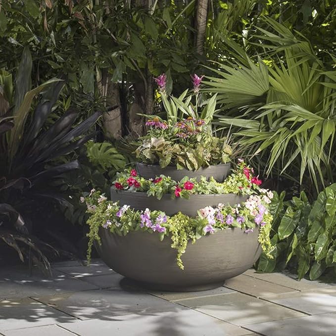 Crescent Garden Large Outdoor Planter Bowl – Double-Walled Resin Pot with Drain Hole for Water Gardens, Fountains, Decorative Landscaping - 30" W x 12" H (Caviar Black)