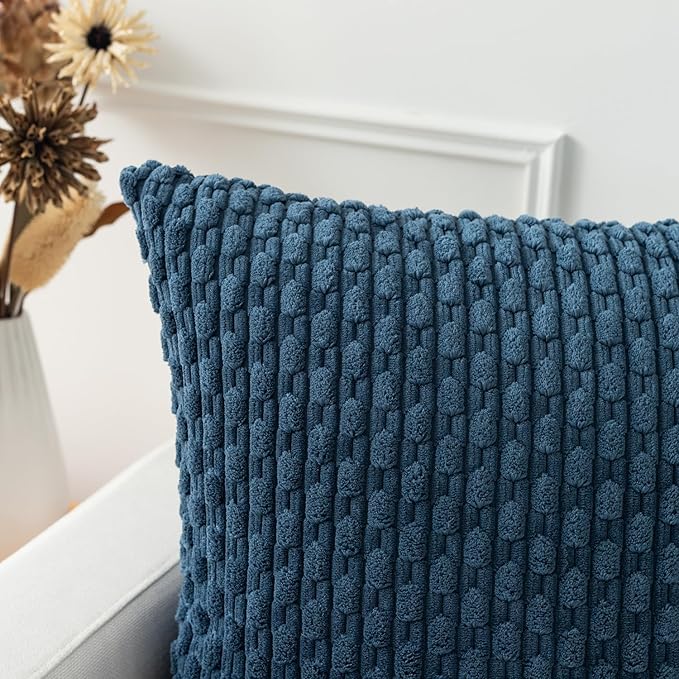 Kevin Textile 2 Packs Blue Decorative Throw Pillow Covers 20x20 Inch for Living Room Couch Bed Sofa Soft Striped Corduroy Square Cushion Case 50x50 cm Rustic Farmhouse Boho Home Decor