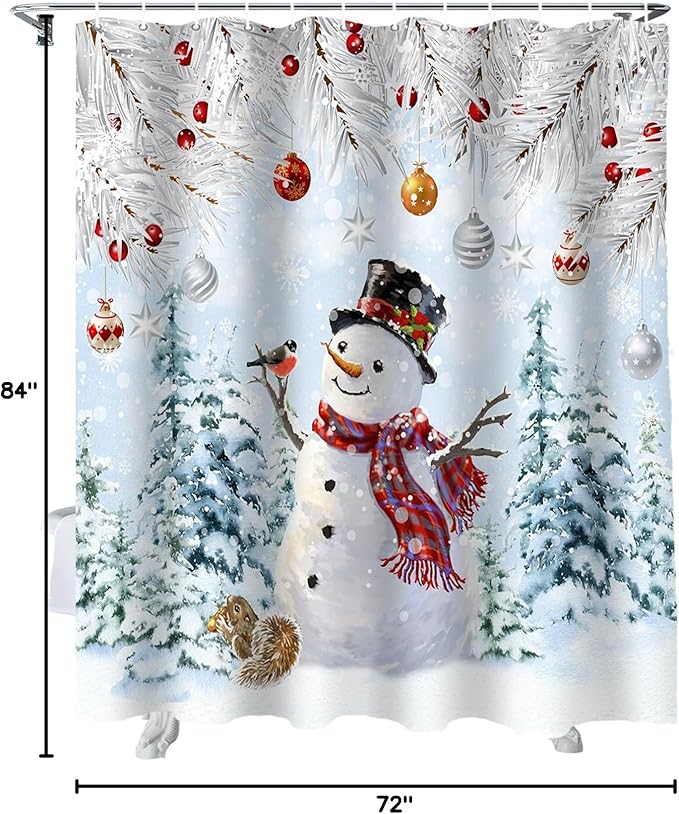 Snowman Shower Curtain, Blue Merry Christmas Tree Red Balls Squirrel Shower Curtains Set with Hooks, Winter Waterproof Fabric Bathroom Curtains Decor Home Accessories,72 X 84 Inch Extra Long