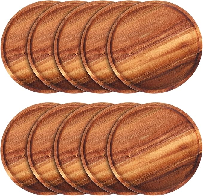 Rtteri 10 Pieces Acacia Round Wood Plates 12 x 0.6 Inch Dinner Plates Wooden Charger Platter Bulk Easy Cleaning Lightweight Serving Tray for Dishes Snack Dessert
