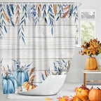 Boho Fall Shower Curtain, Blue Pumpkin Thanksgiving Harvest Shower Curtain for Bathroom, Rustic Autumn Pumpkin Leaves Wood Board Bath Curtains with 12PCS Hooks 72 X 72 in, Blue Orange
