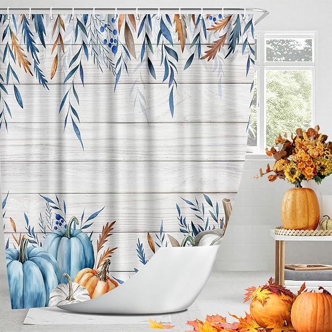 Boho Fall Shower Curtain, Blue Pumpkin Thanksgiving Harvest Shower Curtain for Bathroom, Rustic Autumn Pumpkin Leaves Wood Board Bath Curtains with 12PCS Hooks 72 X 72 in, Blue Orange
