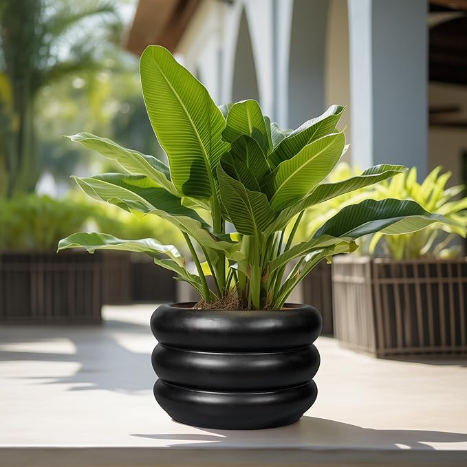 SQOWL Ceramic Flower Pot 13.5 Inch - Large Planter for Indoor Plants Outdoor Plant Pot with Drainage Hole Round Planter Mid-Century Flower Pot for Porch Living Room Decor Black