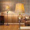 Scenekoy Rustic Farmhouse Antlers Floor Lamp with Night Light Faux Leather Bell Shade Brown Finish Tall Industrial Tall Standing Lamp Decor for Living Room Bedroom Hotel Office (Bulb Included)