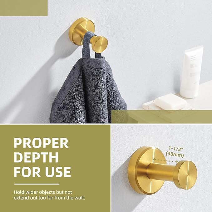Angle Simple Robe and Towel Hook, SUS304 Stainless Steel Bathroom Robe Hook, Small Towel Hanger for Wall or Cabinet, Brushed Gold