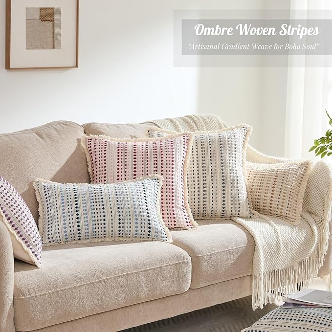 Decorative Pillow Covers Set of 2, Boho Farmhouse Couch Throw Pillows with Tassels, Textured Small Dot Pattern Cushion Cases for Sofa Living Room Home Decor (Blue, 22" x 22" (Pack of 2))