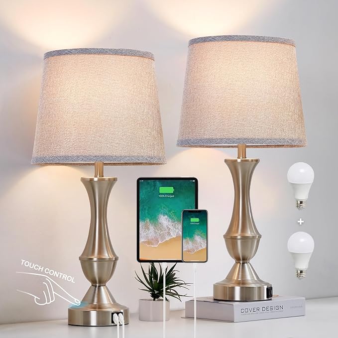 Touch Table Lamps Set of 2, 22" Tall Bedside Lamps, Nightstand Lamps with USB C+A Charging Ports, 3 Way Dimmable Lamp for Bedrooms, Living Room, Office, Silver Lamp with Grey Lampshade, Bulbs Included