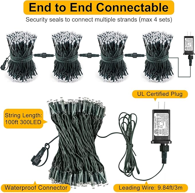 100FT 300 LED Christmas Lights Outdoor, Plug in Christmas Tree Lights with 8 Modes Waterproof, Green Wire String Twinkle Lights for Indoor House Yard Garden Xmas Party Holiday Decorations, Red Green