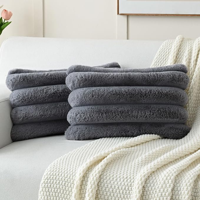 FUTEI Grey Decorative Throw Pillow Covers 12x20 Inch Set of 2, Square Soft Faux Rabbit Fur Big Striped Cushion Cover,Home Decor for Couch Sofa Bed Living Room