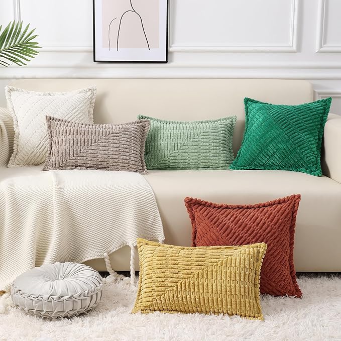 decorUhome Decorative Khaki Throw Pillow Covers 22x22 Set of 2 with Splicing, Boho Soft Neutral Corduroy Broadside Twill Pillow Covers for Couch Bed Sofa Living Room