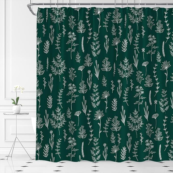 Emerald Green Botanical Shower Curtain Vintage Herbs Floral Farmhouse Cute Boho Leaves Plant Retro Flowers Bathroom Curtain Set with Hooks(108" Wx70 H)