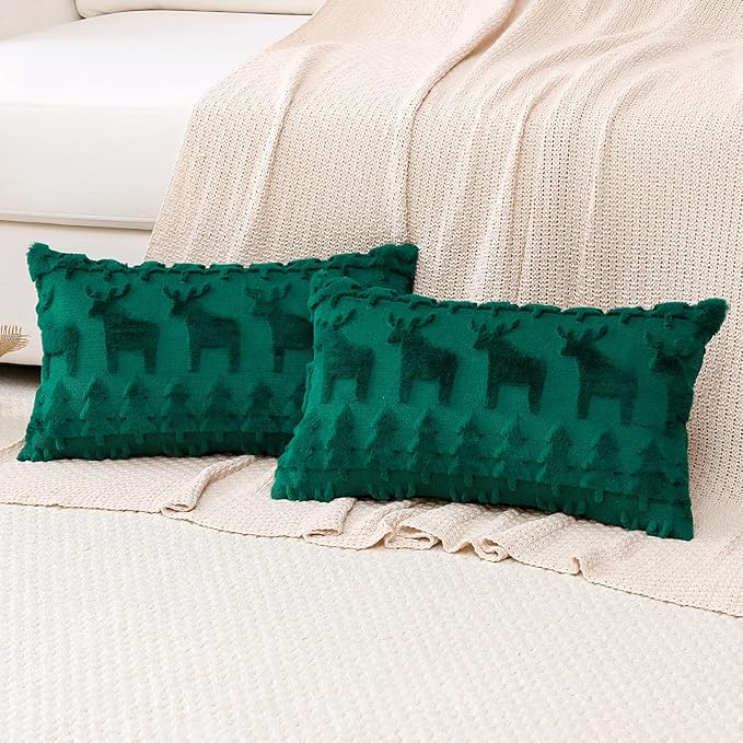 OTOSTAR Set of 2 Xmas Soft Plush Short Wool Velvet Decorative Throw Pillow Covers Rectangular Luxury Style Cushion Case Pillow Shell for Sofa Bedroom Christmas Tree and Elk Green, 12x20 Inch