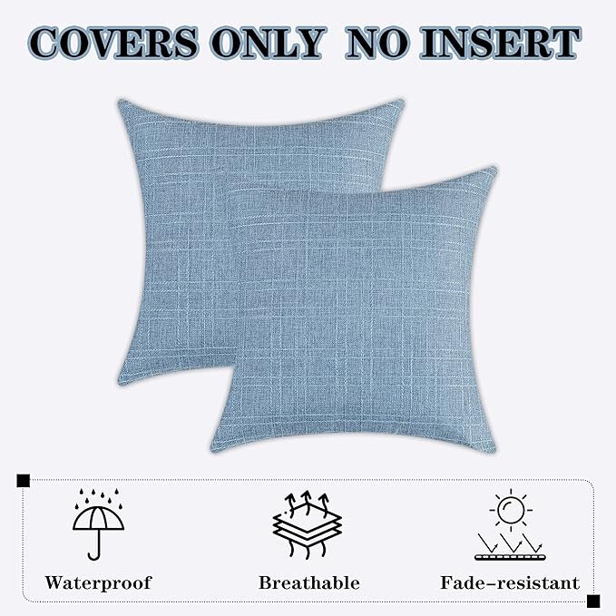 Kevin Textile Pack of 2 Outdoor Waterproof Pillow Covers Checkered Decorative Cushions Sham Throw Pillowcases Shell for Patio Tent Garden Couch Bed Sofa 22x22 Inch Light Blue