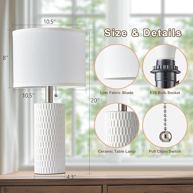 Table Lamps for Living Room Set of 2, Ceramic Table Lamps for Bedroom, 20" Modern Lamps for Night Stands, White
