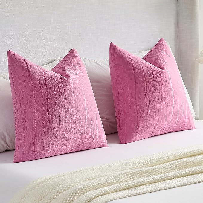 FUTEI Hot Pink Chenille Decorative Throw Pillow Covers 16x16 Inch Set of 2,Soft Embossed Striped Textured Cushion Case,Modern Home Decor for Couch Bed Living Room