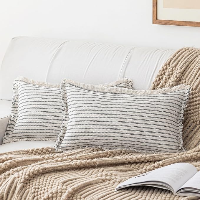 Throw Pillow Covers 12x20 Set of 2 Striped Fringe Pillow Cover Farmhouse Cushion Covers with Tassel Neutral Boho Pillows Decorative Square Pillowcase for Couch Sofa Bed, Grey