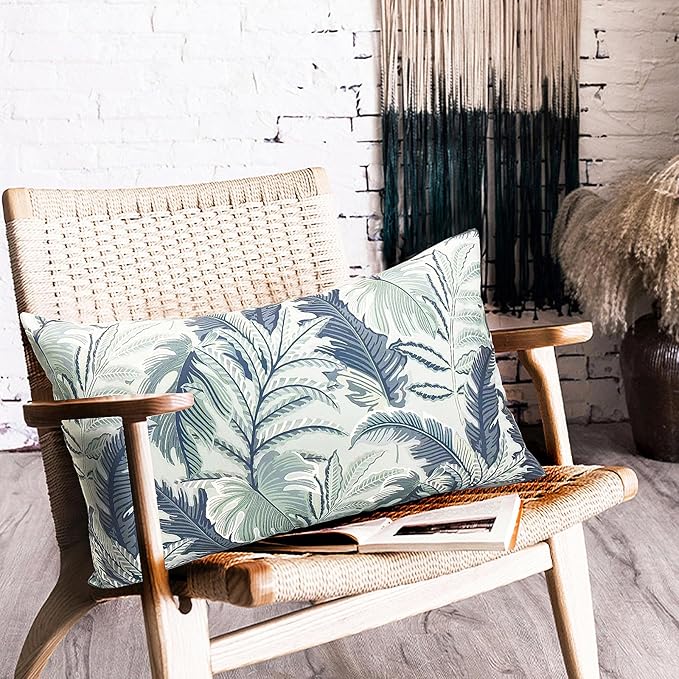 Decorative Throw Pillow Covers Set of 2 Blue Green Large Leaves Pillow Covers 12x20 inch Soft Short Plush Square Floral Throw Pillows,Farmhouse Outdoor Pillow Covers for Couch Living Room