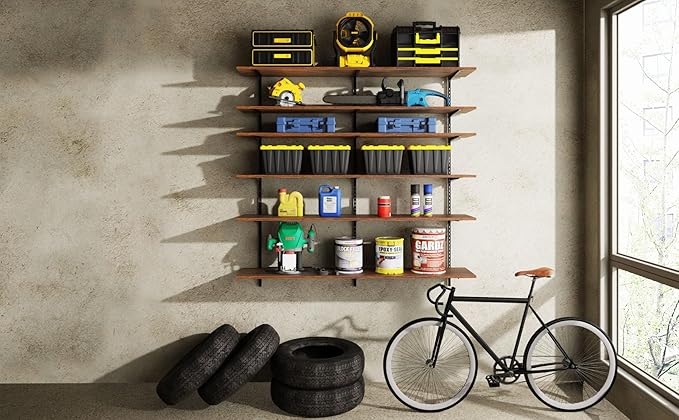 ROGMARS 60 Inch Long Wooden Floating Shelves with Rail, Adjustable Large Kitchen Wall Shelf for Living Room Bedroom Gym Storage,Garage Wall Shelving 6 Tier