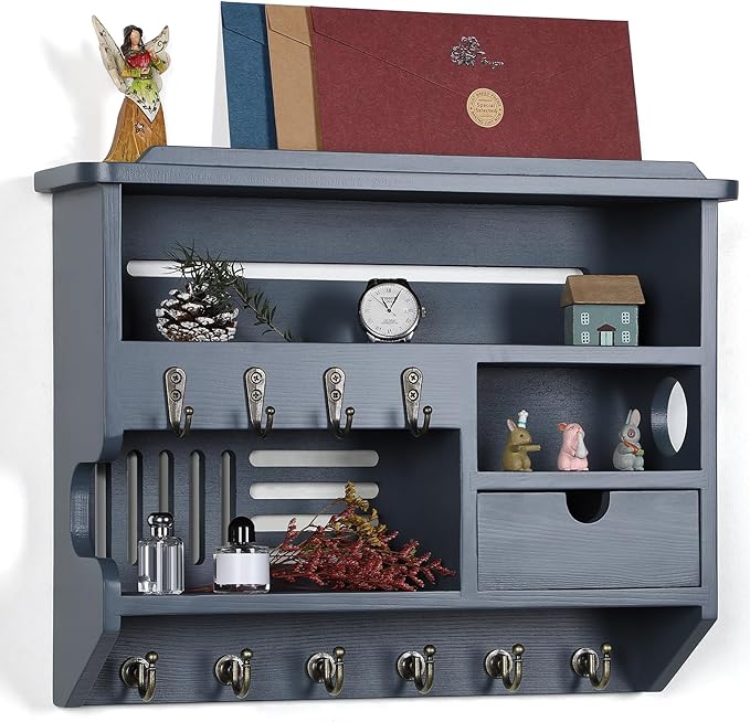 DOPACE Key Holder for Wall, Mail and Key Holder, Mail Organizer Wall Mount with Storage Drawer and 10 Hooks, Easy Installation Keys Holder on Wall, Gray