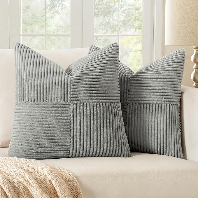 MIULEE Silver Grey Corduroy Pillow Covers Pack of 2 Boho Decorative Spliced Throw Pillow Covers Soft Solid Couch Pillowcases Cross Patchwork Textured Cushion Covers for Living Room Bed Sofa 20x20 inch