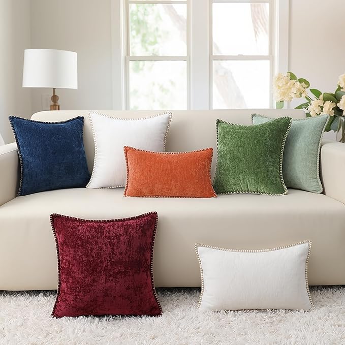 decorUhome Fall Chenille Soft Throw Pillow Covers 12x20 Set of 2, Lumbar Velvet Farmhouse Neutral Decorative Euro Pillow Covers with Stitched Edge for Couch Sofa Bed Home Decor, Rust
