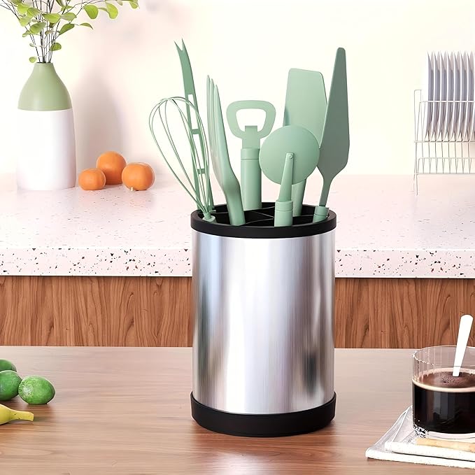 Kitchen Utensil Holder for Countertop, 360°Rotating Cooking Utensil Crocks，4 Compartment Stainless Steel Utensil Holder,6.7”Large Utensil Crock Spoon Fork Knife Holder For Kitchen Counter