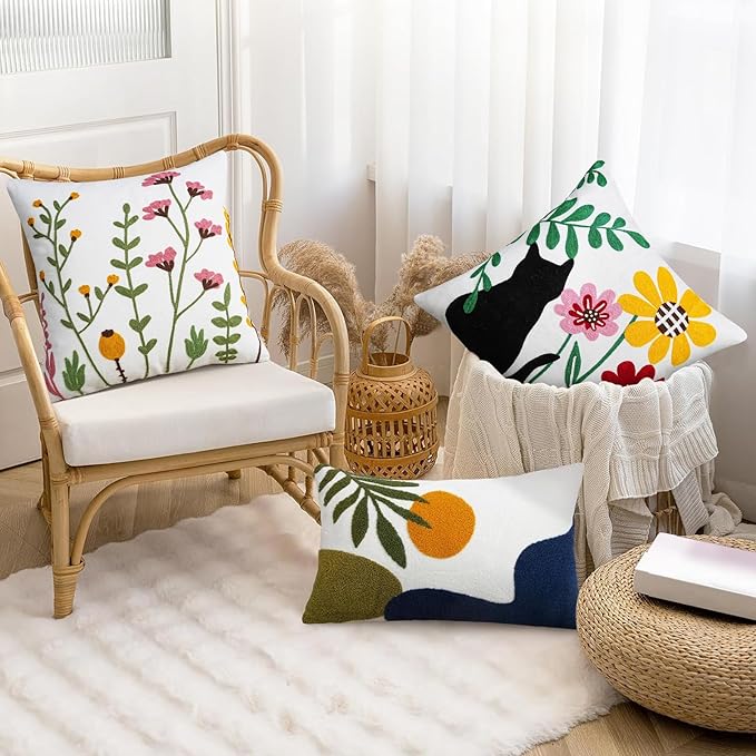 Adabana Neutral Decorative Floral Pillow Covers 18x18 Inch Boho Embroidered Throw Pillow Cover Farmhouse Couch Cushion Cases for Bed Sofa Bedrrom Living Room Decor,Spring Floral