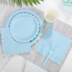 Sky Blue Disposable Dinnerware Set for 16 – 69 Pieces Party Plates, Napkins, Tablecloth & Forks – Elegant Flower Edge Design for Wedding, Picnic, Outdoor or Themed Events