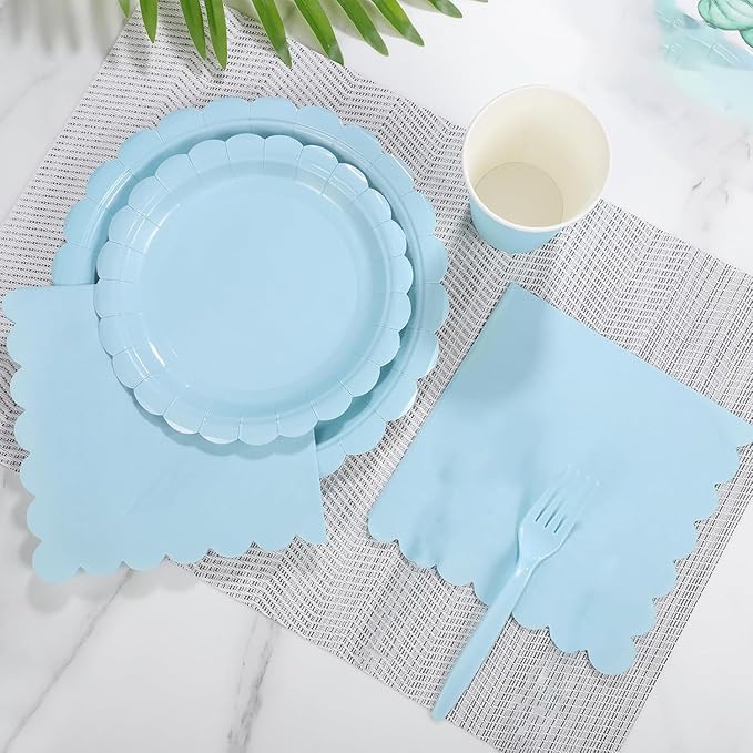 Sky Blue Disposable Dinnerware Set for 16 – 69 Pieces Party Plates, Napkins, Tablecloth & Forks – Elegant Flower Edge Design for Wedding, Picnic, Outdoor or Themed Events