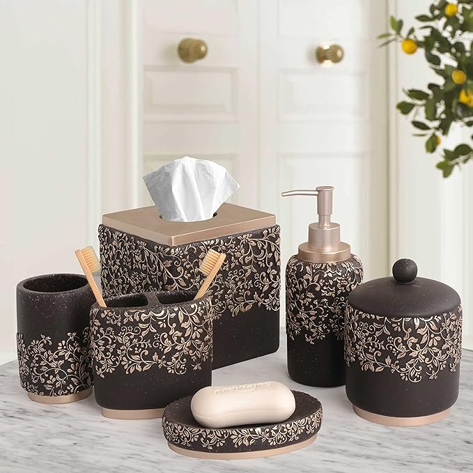 6-Piece Bathroom Accessories Set – Soap Dispenser, Toothbrush Holder, Tumbler, Soap Dish, Cotton Swab Jar & Toilet Brush – Modern Bathroom Decor Set (Stella)