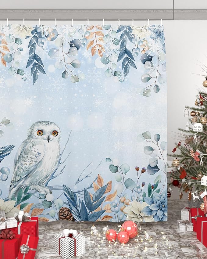 Vandarllin Blue Christmas Shower Curtain, Winter Snowy Owl Poinsettia Eucalyptus Leaves Shower Curtains Set with Hooks, Waterproof Fabric Bathroom Curtains Decor Home Accessories,Stall 36 X 72 Inch