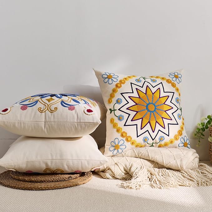 Embroidered Throw Pillow Cover 20x20 Classic Boho Floral Pattern Pillows Cover Outdoor Decorative Pillowcase,Durable Cozy Textured Cushion Case for Sofa Couch Bed Living Room,Yellow