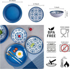 Melamine Dinnerware Set -12pcs Outdoor and Indoor Plates and Bowls Set ,Service for 4, Dishwasher Safe, Blue Flower