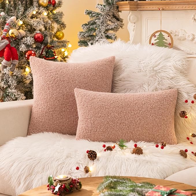 AQOTHES Pink Winter Throw Pillow Covers 12x20 Inch Set of 2, Boucle Faux Fur Pillow Covers,Cozy Fluffy Home Living Room Farmhouse Decor for Sofa Couch Bed