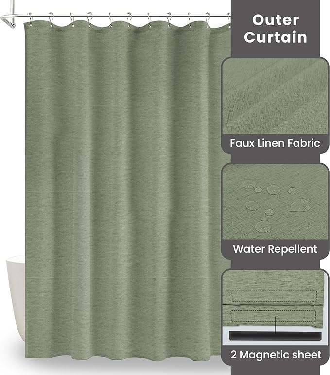 Inhousolu Boho Farmhouse Shower Curtain with Fabric Liner Set, Faux Linen Textured, 14 Metal Hooks Luxury Weighted Hem, Washable Wrinkle Free Bath Curtain for Hotel Bathroom 72" W x 84" L Sage Green