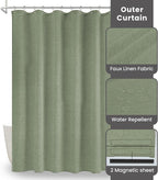Inhousolu Boho Farmhouse Shower Curtain with Fabric Liner Set, Faux Linen Textured, 14 Metal Hooks Luxury Weighted Hem, Washable Wrinkle Free Bath Curtain for Hotel Bathroom 72" W x 72" L Sage Green