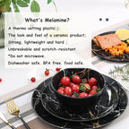 Melamine Dinnerware Set - 12pcs Plates and Bowls Sets Best for Indoor and Outdoor Party, BPA-Free Dishwasher Safe Kitchen Dinner Set with Black Marble Pattern