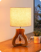 EDISHINE 14.6" Modern Table Lamp, Rose Wood Tripod Nightstand Lamp for Bedroom, Beige Linen Shade, Small Cute Bedside Lamp for Living Room, Office, On-Off Line Switch, E26 Base(Bulb Not Included)