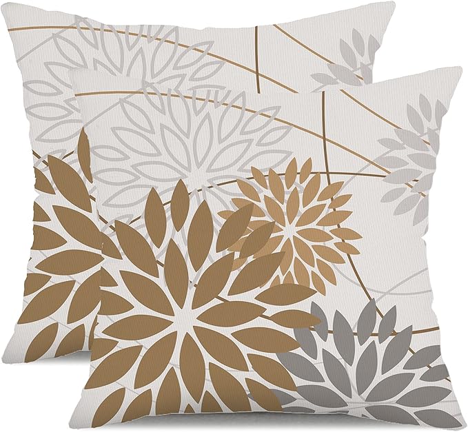Brown Grey Outdoor Pillow Cover 18X18 Inch Set of 2 Outdoor Waterproof Summer Floral Brown Decorative Pillow case Decor for Couch Patio Funiture Garden Print Polyester Cushion Cover 01E18
