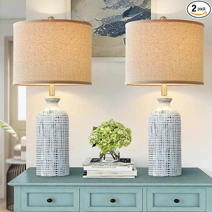 Living Room Lamps Set of 2, 25.8" Ceramic Table Lamps for Bedrooms with Linen Shade, Modern Farmhouse Lamps for Nightstand with Rotary Switch