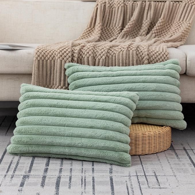 ZLINA Set of 2 Light Green Faux Fur Decorative Throw Pillow Covers Fluffy Striped Pillowcase Cushion Covers 12 x 20 Inch Decor Sofa Couch Bedroom