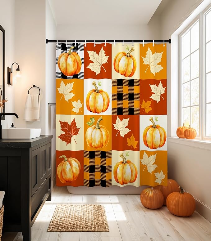 MAMUSE Fall Shower Curtain for Bathroom Stall Cute Decorative Waterproof Unique Design TeenWomen Cortinas de Baño Bathtub 72 x72 Inch, Plaid Pumpkins