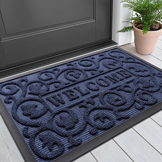 Smiry Welcome Door Mat Outside Entrance, Heavy Duty Trap Dirt and Moisture Easy Clean Low Profile Patio Porch Indoor Outdoor Front Doormat for Entry, 29.5x17 Inch, Navy Blue/Welcome