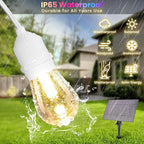 100FT(2x50FT) RGB Solar Outdoor String Lights with Remote, Dimmable Waterproof Patio Lights with 30 Bulbs for Porch Garden Bistro-White Cord