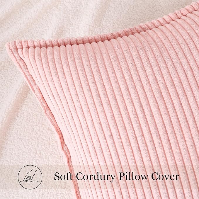 Mecatny Corduroy Throw Pillow Covers 16x16 Set of 2, Neutral Decorative Soft Boho Couch Pillow Covers with Broadside for Sofa Living Room, Pink