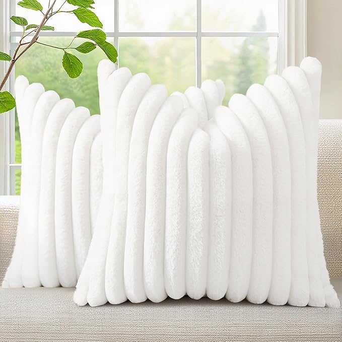 decorUhome Faux Fur Christmas Throw Pillow Covers 26x26 Set of 2, Decorative Soft Plush Striped Neutral Couch Euro Pillow Covers with Velvet Back for Sofa, Bed, Living Room Home Decor, White
